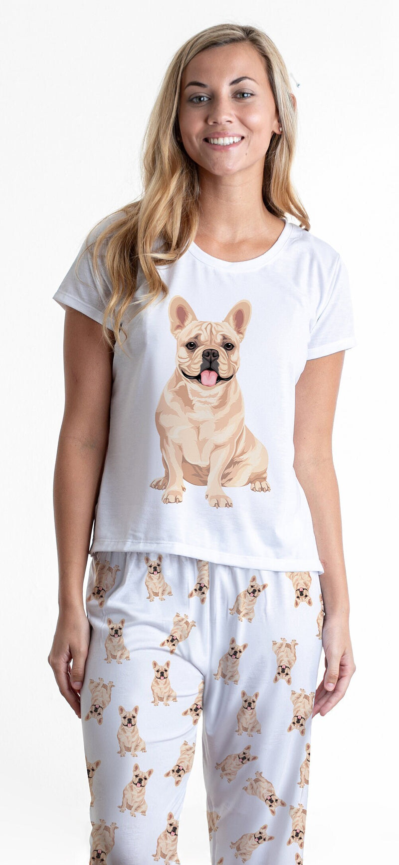 Cream / Fawn frenchie 2 piece Pj set with long pants - French bulldog