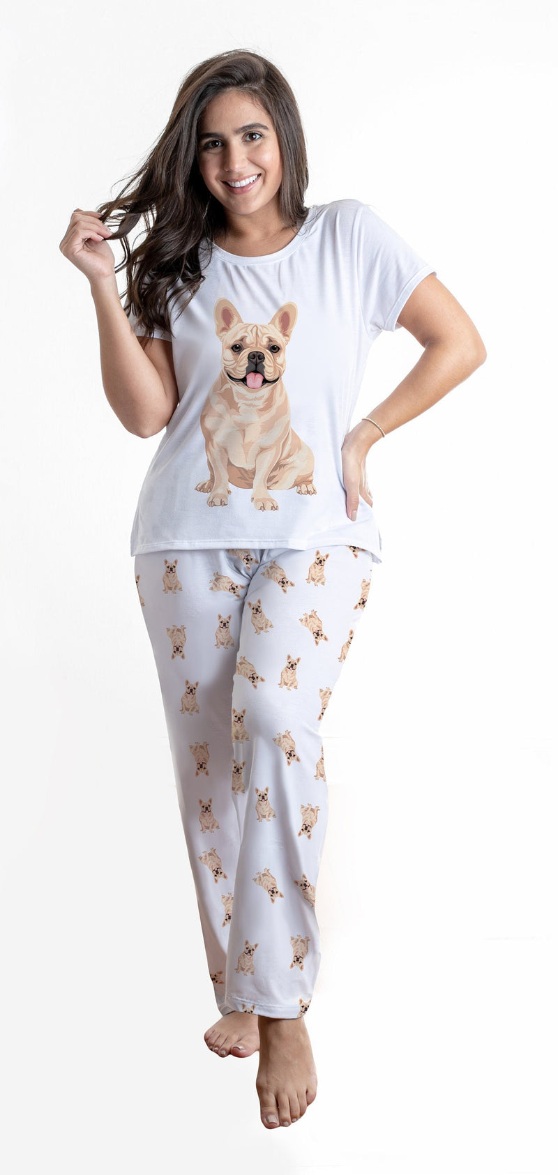 Cream / Fawn frenchie 2 piece Pj set with long pants - French bulldog